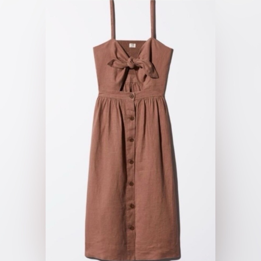 Aritzia Wilfred Adelia Linen Tie Midi Dress in Nutmeg Size 0